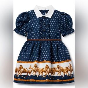 Janie and Jack Navy, White, and Brown Horse Print Dress